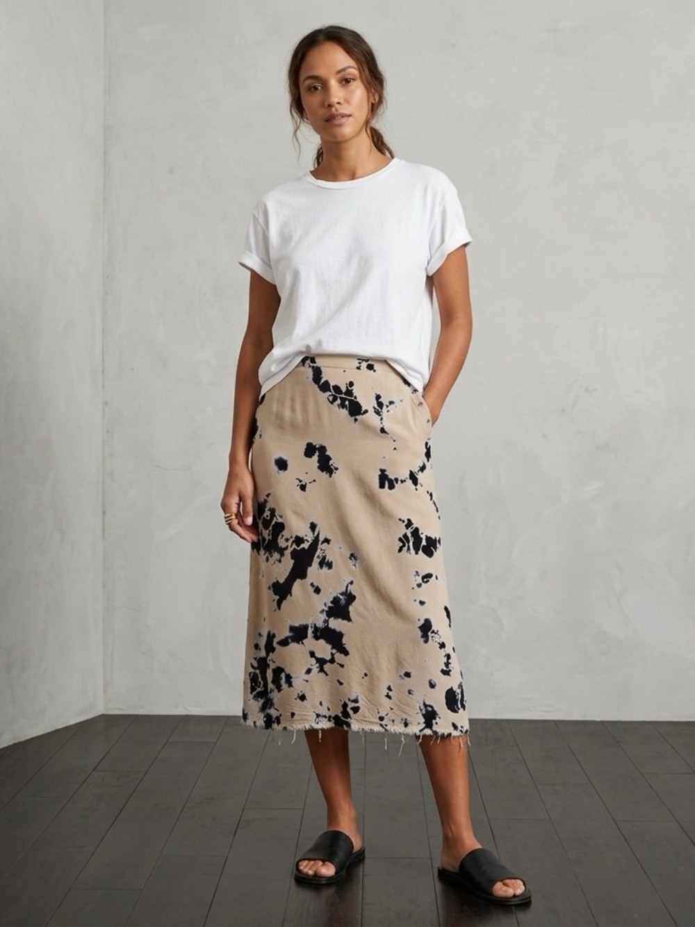 Raquel Allegra Blush Pink Black Tie Dye Midi Skirt XS Designer Bohemian Indie
